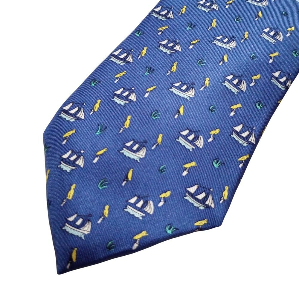 J. McLaughlin Mens Blue Silk Nautical Sailboat Buoy Print Necktie Tie
